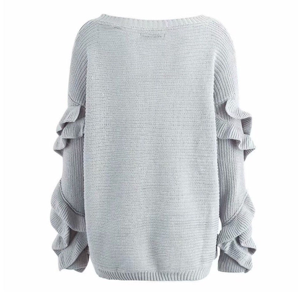 Gray Ruffled Sleeve Knit One Size Sweater - Picture 6 of 8